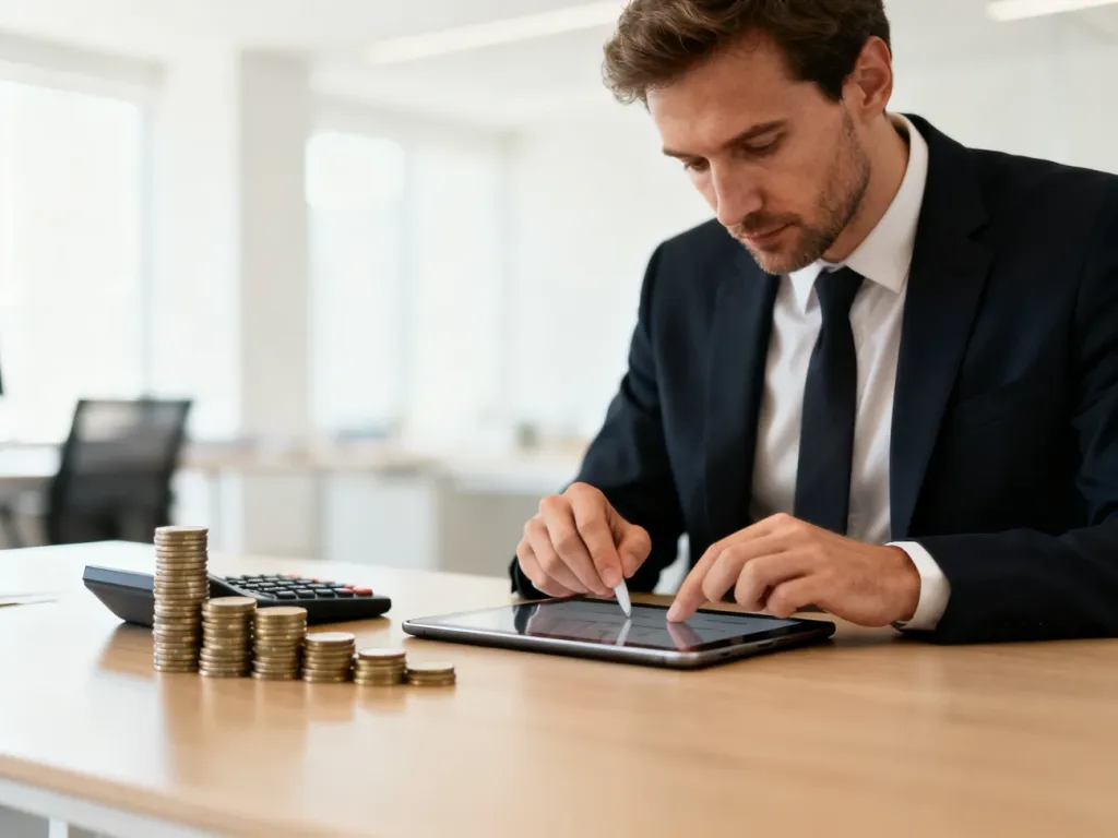 Mężczyzna przy biurku oblicza finanse na tablecie, obok znajdują się monety i kalkulator, co ilustruje wyliczenia płac.